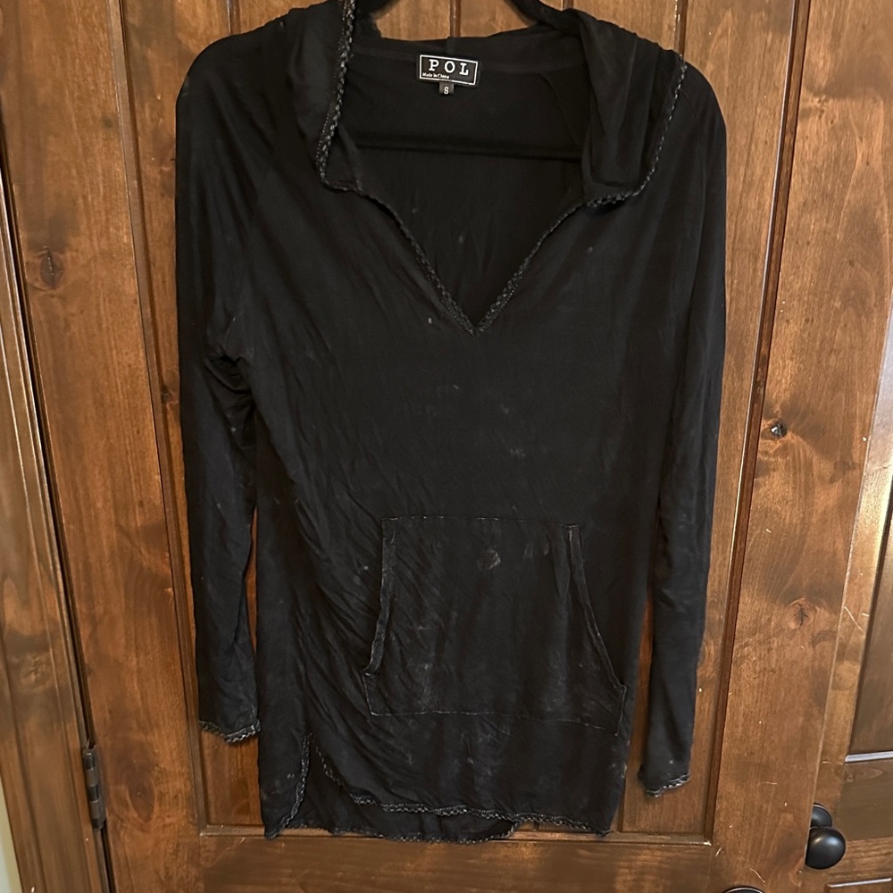 POL Hooded V-Neck Top Womens S Charcoal NWOT Distressed DL4